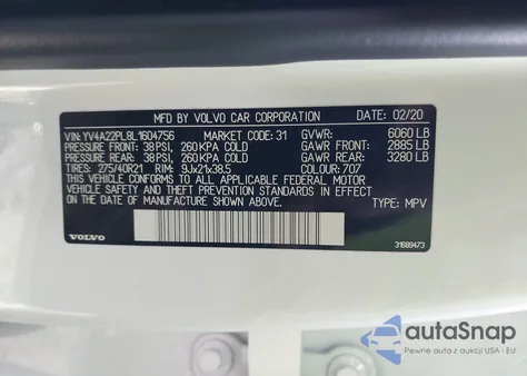 2020 Volvo Xc90 T6 Inscription 7 Passenger from USA, damaged, VIN YV4A22PL8L1604756